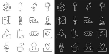 Kamp Ay 'ı ve yıldız Kamp Ateşi Marshmallow Çubuğu Bıçak Kamp Haritası Pusula ve karavan ikonu için yer belirleyin. Vektör.