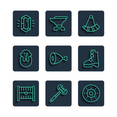 Antik hazine sandığı Ortaçağ kutup balta kalkanı Viking boynuzu tavuk bacağı Viking baş mücevher taşı ve Kadim bot ikonu. Vektör.