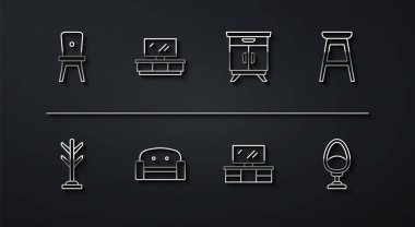 Sıralı Koltuk Kürkü TV masası Kol Koltuğu ve Mobilya Komodininin simgesi. Vektör.