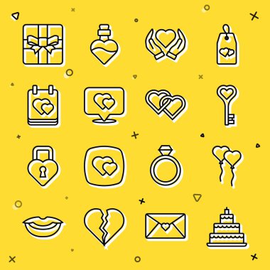 Kalp şeklindeki balonlar, Takvim Hediye Kutusu ve İki Bağlı Kalpli İkonum. Vektör.