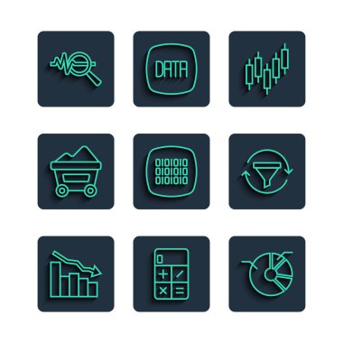 Satır Finansal Büyümeyi Azalt Hesaplayıcı Turta Çizelgesi Bilgi Tarama Tarayıcısında hisse senedi pazarı İkili Kod Kömür madeni Tramvay Arama veri analizi ve satış huni simgesi var. Vektör.