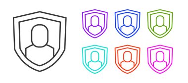 Siyah çizgi Kullanıcı koruma simgesi beyaz arkaplanda izole edildi. Güvenli kullanıcı girişi, şifre koruması, kişisel veri koruması, kimlik doğrulaması. Simgeleri renklendirin. Vektör.