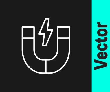 Beyaz çizgi mıknatısı simgesi siyah arkaplanda izole edildi. At nalı mıknatısı, manyetizma, manyetizma, çekim. Vektör.