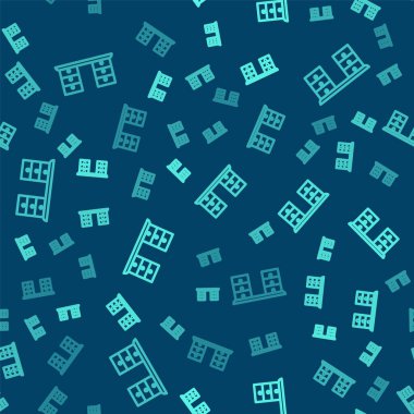 Green line Office desk icon isolated seamless pattern on blue background. Vector.
