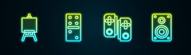 Satır Easel veya resim tahtaları, Domino, Gamepad ve Stereo hoparlörleri. Parlayan neon ikonu. Vektör.