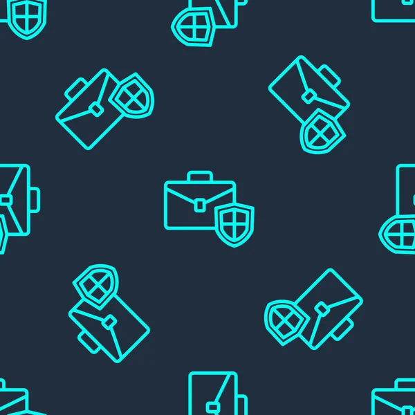 Kalkan simgesinin bulunduğu yeşil çizgi çantası mavi arka planda izole edilmiş. Sigorta konsepti. Güvenlik, güvenlik, koruma, konsept koruma. Vektör.