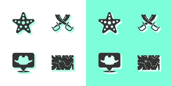 Set Pirate Treasure Map Starfish Location Pirate Crossed Swords Icon — Stock Vector