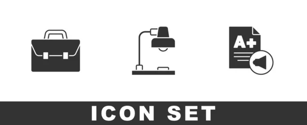 Set Aktenkoffer Tischlampe Und Prüfungsbogen Mit Note Symbol Vektor — Stockvektor