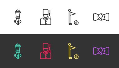 Klasik sokak lambası, İngiliz askeri, golf bayrağı ve papyonu siyah beyaz. Vektör.