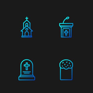 Paskalya Pastası Mezarı 'nı mezar taşı kilise binası ve vaaz tribünü ile donatın. Renk simgeleri. Vektör.