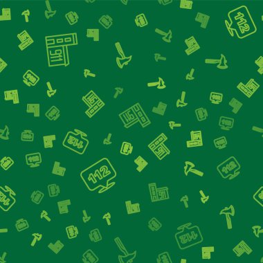 İtfaiye binası acil durum çağrısı ve itfaiye baltasını kusursuz bir şekilde yerleştirin. Vektör.