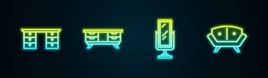Ofis masası TV masasını büyük boy ayna ve kanepe olarak ayarla. Parlayan neon ikonu. Vektör.
