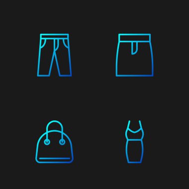 Hattı belirle. Kadın giyimli, el çantası pantolonlu ve etekli. Renk simgeleri. Vektör.