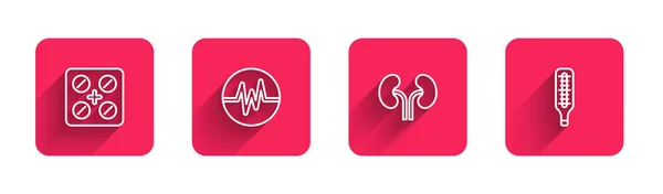 Set Line Píldoras Blister Frecuencia Cardíaca Riñones Humanos Termómetro Médico — Archivo Imágenes Vectoriales