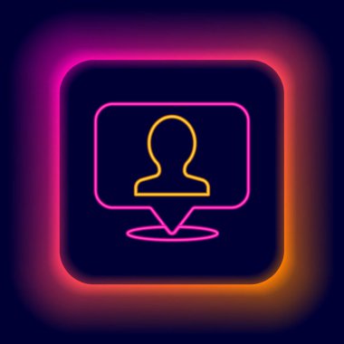 Siyah arkaplanda izole edilmiş bir insan simgesinin silüeti ile parlayan neon çizgisi haritası. GPS konum sembolü. Renkli taslak konsepti. Vektör.