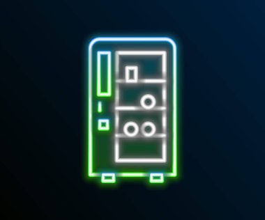 Parlayan neon hattı yiyecek ve içecek otomatiği otomatikman siyah arka planda izole edilmiş ikon satıyor. Renkli taslak konsepti. Vektör.