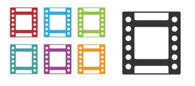 Siyah Kamera klasik film rulo kartuş simgesi beyaz arka planda izole edildi. 35 mm 'lik film kutusu. Film şeridi fotoğrafçı ekipmanı. Simgeleri renklendirin. Vektör.