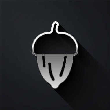 Siyah arka planda izole edilmiş gümüş meşe palamudu. Uzun gölge tarzı. Vektör.