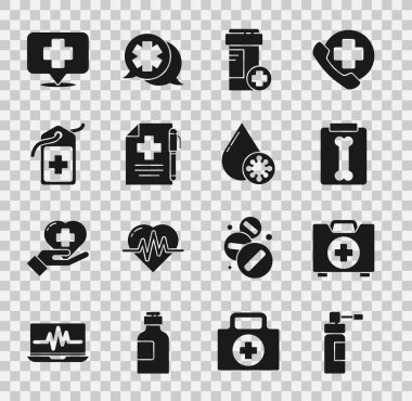Hortum spreyi, ilk yardım seti, ilaç şişesi, tıbbi reçete, kalem haçı, harita işaretleyici ve kan testi virüsü ikonu hazırlayın. Vektör.