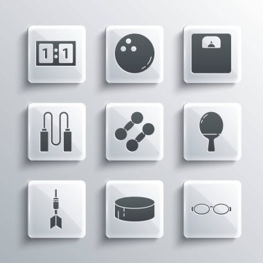 Hokey diski gözlüklerini masa tenisi oynamak için ayarla Dumbbell Dart oku ip atlama spor sporu mekanik skorbordu ve banyo ikonu. Vektör.