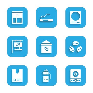 Kahve çekirdeği torbası Fransız baskılı kahve pulu Kahve Sokağı tabelası ve simgesi. Vektör.