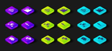 Ambulans ve acil durum arabası Helmet ATV motosiklet Formula 1 'i Landslide ve Kayak kaldırma ikonu olarak ayarlayın. Vektör.