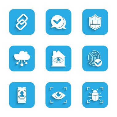 House 'u göz tarama cihazı parmak izi cihazıyla ayarla ve Kalkan tuğlası duvar ve zincir bağlantı simgesinin tanımlanmasıyla yüzleş. Vektör.