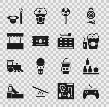 Gamepad Şişeleri top patlamış mısırı kutuya koyun ve cam lolipop bilet ofisi sihirli şapka değneği ve oyun makinesi simgesi. Vektör.