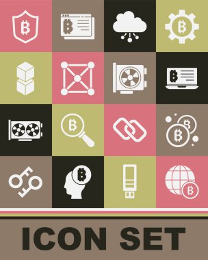 Küre Bitcoin Madencilik bitcoin 'ini laptop Cryptocurrency bulut madencilik Blockchain teknoloji kalkanı ve Video grafik kart simgesinden ayarla. Vektör.