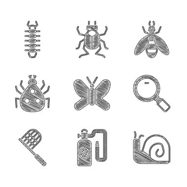 Kelebek Basınç püskürtücü Salyangoz Büyüteci Uğur Böceği Arısı ve Çıyan ikonu 'nu ayarla. Vektör.