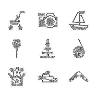 Piramit oyuncağı oyuncak oyuncak tuğlaları Boomerang Yoyo Jack 'e kurdele teknesi ve bebek arabası ikonuyla kutulu balonları yerleştirin. Vektör.