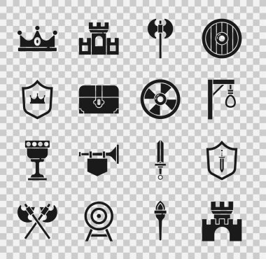 Kale Ortaçağ kalkanını kılıç darağacı baltası antika hazine sandığı kalkanın kralı ve yuvarlak tahta ikonu ile kurun. Vektör.