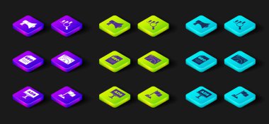 Reklam Konumu belirleyici SEO optimizasyonu Web sitesi istatistiksel büyüteç, analiz ve megafon simgesini ayarlayın. Vektör.