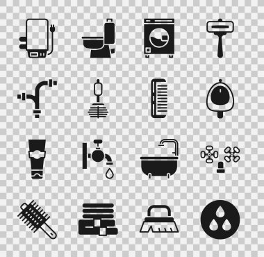 Su damlası musluğunu tuvalet pisuarına ya da sidikli fırça endüstrisine, metalik boru kazanına ve saç fırçası ikonuna ayarla. Vektör.