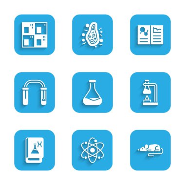 Test tüpü ve matara atomu deneysel fareyi genetik mühendislik kitabı klinik kaydı ve periyodik tablo simgesine ayarlayın. Vektör.