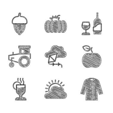 Uçurtma Güneşi 'ni ve bulutlu hava durumunu ayarlayın. Elma, sıcak şarap, cam ve meşe palamudu ikonlu traktör şişesi. Vektör.