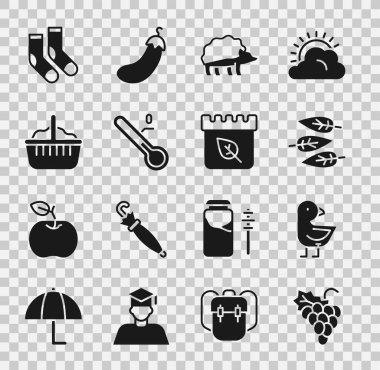 Üzümlü küçük civciv Yaprak ya da Kirpi Meteoroloji Termometre Basket Çorap ve Takvim 'i sonbahar ikonuyla bırakır. Vektör.