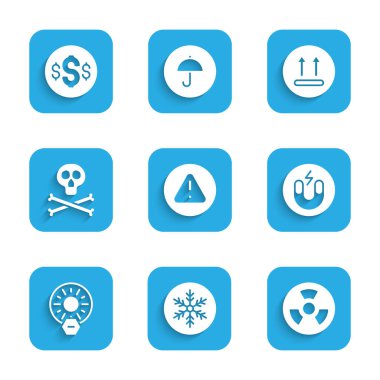 Kar Tanesi Radyoaktif Mıknatıs Üçgeni 'ne ünlem işareti koyun. Direkt güneş ışığı, kemik ve kafatası uyarı sıcaklığı ve dolar sembolü yok. Vektör.