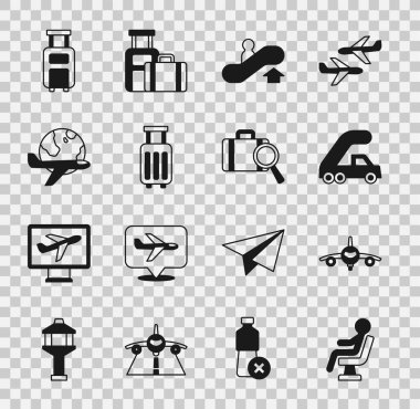 Insan 'ı havaalanı terminalinde uçak merdiveni merdiveni ile Bavul Globe' a binmek için uçuş ve kayıp bagaj ikonu ile bekletin. Vektör.