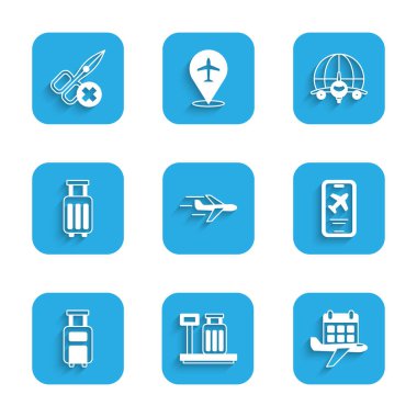 Uçak Ölçeği 'ni bavul, takvim ve uçak bileti ile ayarla. Çanta, bavul, bavul, bavul, bavul, bavul, makas, makas yok. Vektör.