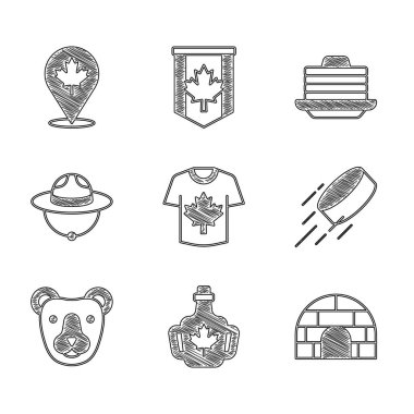 Hokey forması şişesi akçaağaç şurubu Igloo buz evi diski Ayı Kanadalı korucu şapkası yığını krep ve yaprak ikonu hazırla. Vektör.