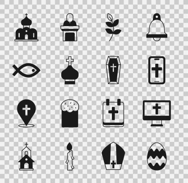 Paskalya yumurtası Hıristiyan haçını monitöre ayarla Willow yaprağı kilise balık sembolü kilise binası ve tabut ikonu. Vektör.