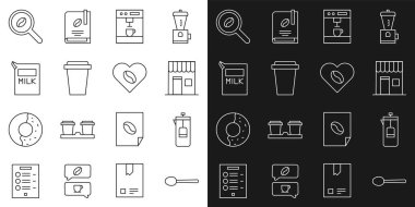 Spoon French kahve makinesi fincanını sütlü kahve çekirdekleri ve Aşıklar ikonu için paket olarak hazırla. Vektör.