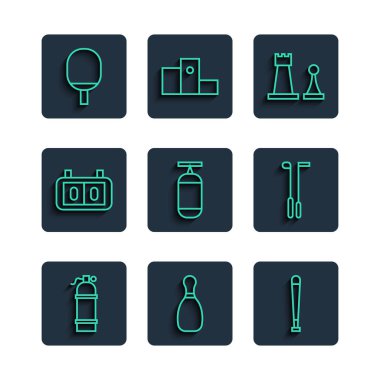 Masa tenisi ve golf kulübü ikonu oynamak için Aqualung Bowling pin beysbol sopası satranç kum torbası Sport mekanik skorbord raketi. Vektör.