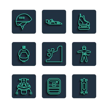 Çizgi çizgisi Snowmobile İlkyardım seti Uzunkaykay Kaykay Kaykay Kask Başlık Bisiklet Başlığı ve Bungee jumping ikonu. Vektör.