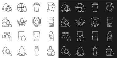 Büyük şişe, temiz su şişesi, filtre, kartuş, yıkama, sabun, su geçirmez ikon. Vektör.