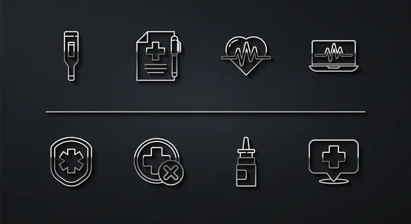 Set Line Medisch Digitaal Thermometerscherm Met Kruis Laptop Cardiogram Flesneusspray — Stockvector