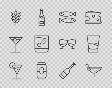 Martini bardağı, kokteyl, kurutulmuş balık birası, viski şişesi, şarap ve votka ikonu. Vektör.