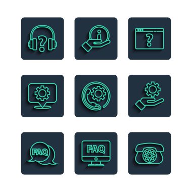 SSS Bilgisayar monitörü ve Telefon Tarayıcı soru işareti 24 saat için konuşma baloncuğu ayarlayın. Konum teçhizatı kulaklığı ve ayarları el simgesinde destekleyin. Vektör.