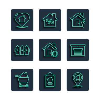 Ev sözleşmeli alışveriş arabası koruma çiti ahşap kalp şekli ve garaj ikonu altında konum anahtarı. Vektör.